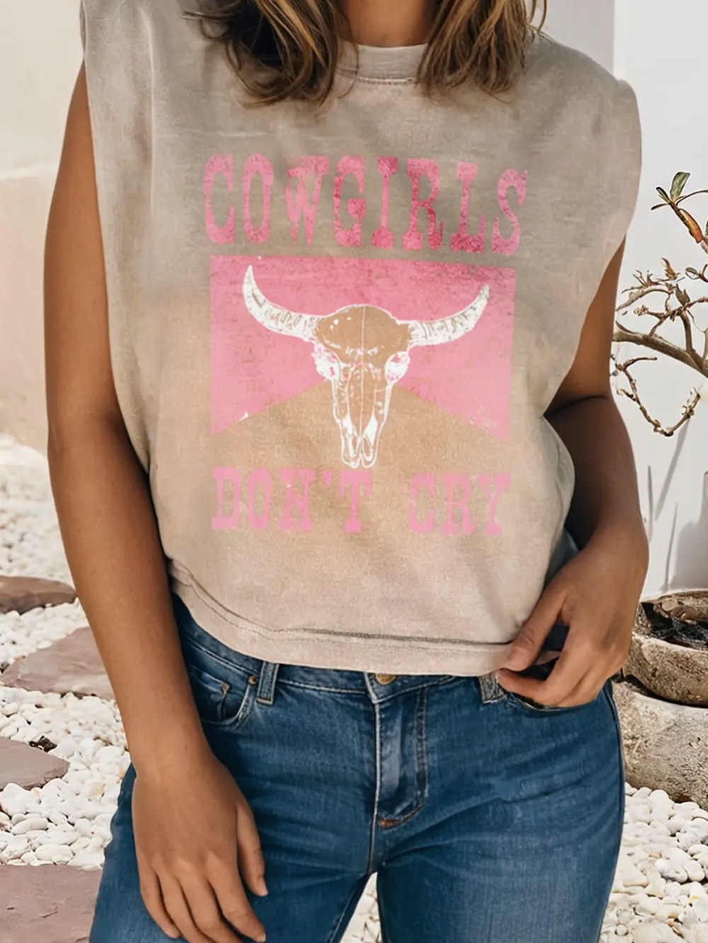 Cowgirls Don't Cry Graphic Muscle Tee - Beige & Pink
